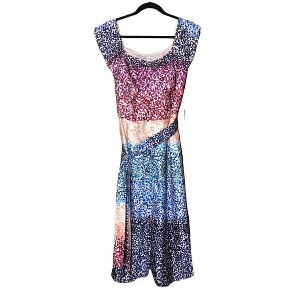 JULIA JORDAN JJ37939 A-Line Tie Waist Belt Multicolor Dot Midi Dress Size 8 NEW - Picture 3 of 11